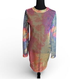 Hot & Delicious Sz M Fishnet Dress Mini Long Sleeve Rainbow Tie Dye Cover Up